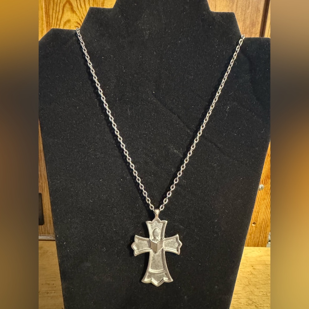 Vintage Pewter Cross Bible Necklace